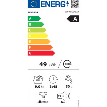 Samsung Πλυντήριο Ρούχων 9kg με Ατμό 1400 Στροφών WW90T554DAW/S6